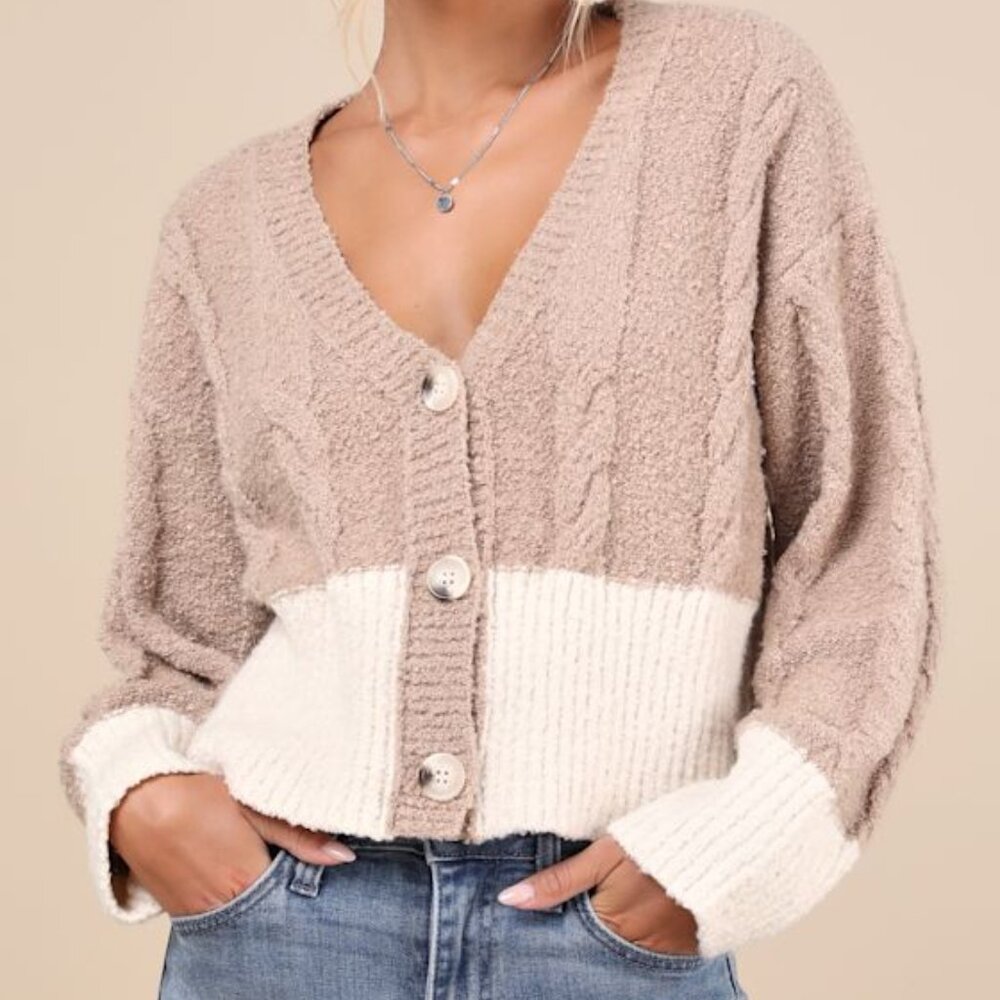 Lulus Convincingly Cozy Beige And Ivory Cable Knit Boucle Cardigan - Size S